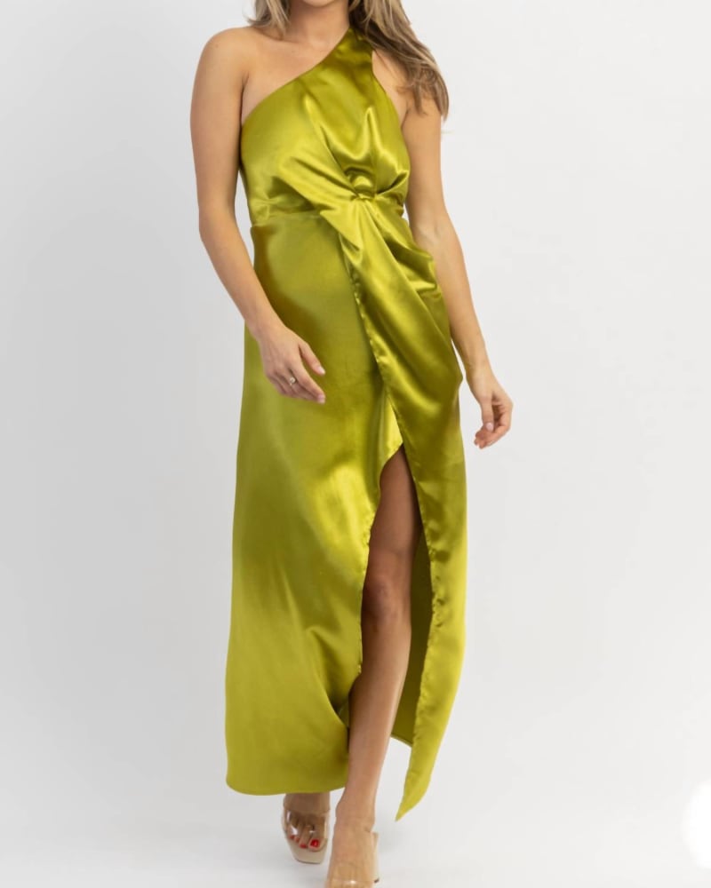 Front of a model wearing a size L Martini Hour One Shoulder Satin Midi Dress In Green in Green by LENA. | dia_product_style_image_id:359003